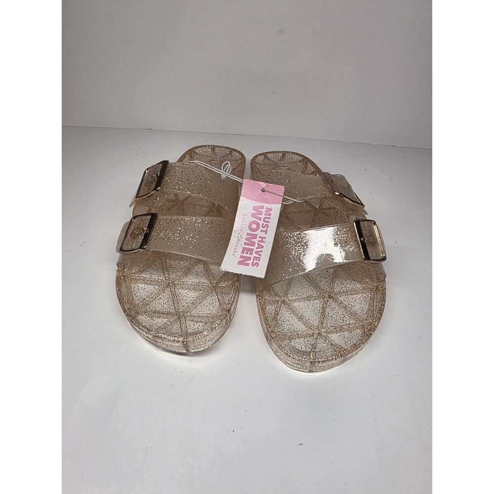 Ladies Clear Gold Glitter Summer Waterproof Jelly Flip Flops-Size M 5/6